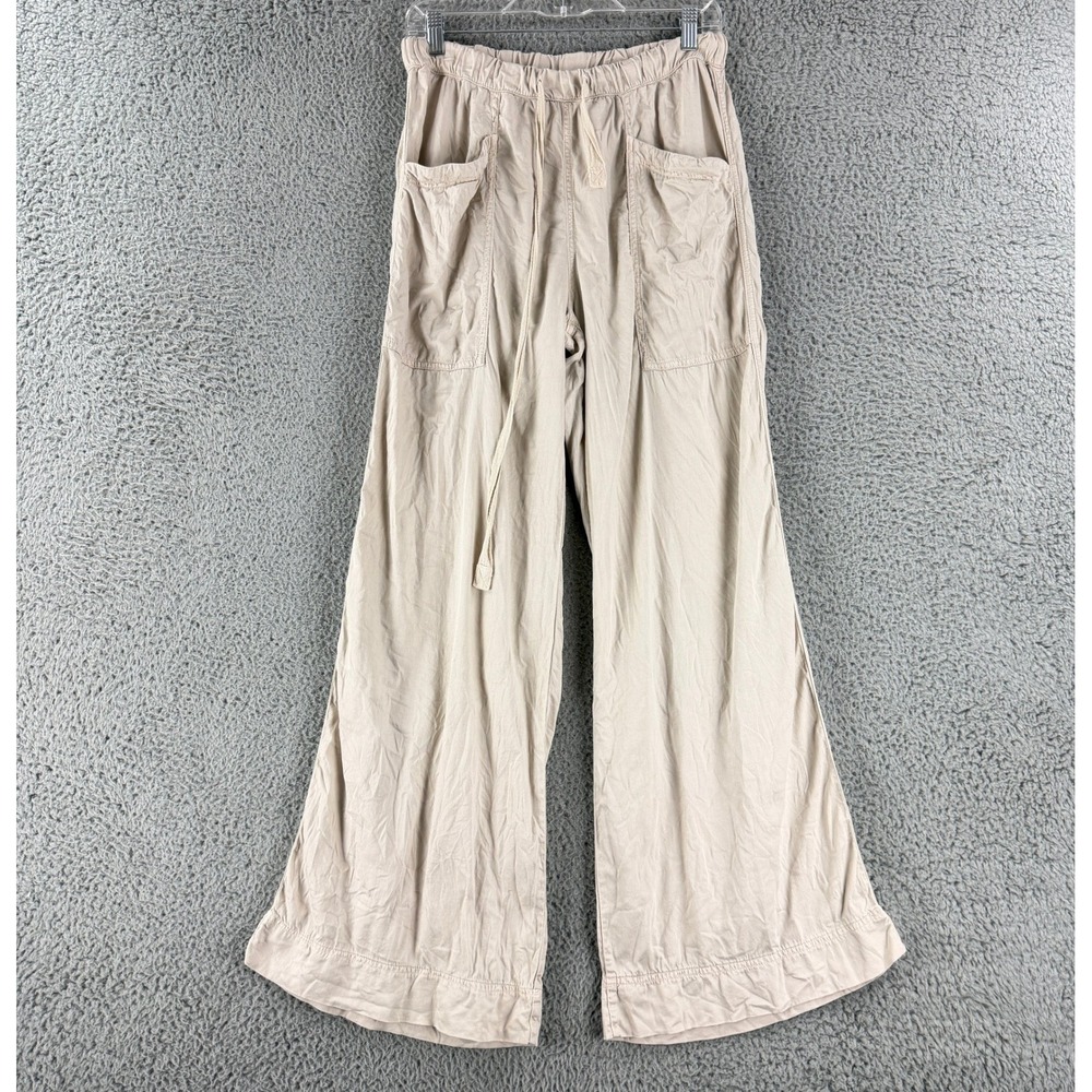 Faherty Wide Leg Pants Women S Beige Linen Blend Drawstring Elastic Waist Pocket